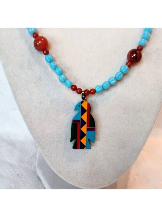 None Jewelry - Inlay Thunderbird Fetish Pendant Necklace Turquoise Melon Beads & Blood Jasper